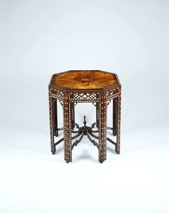 A rare mid 18th century octagonal carved mahogany silver table veneered and inlaid with tortoiseshell and bone | MasterArt